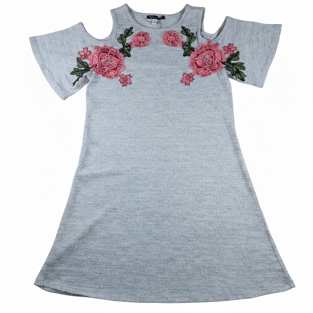 Xtraordinary Gray Cold Shoulder Dress Pink Floral Embroidery Jr S Boho Cottage